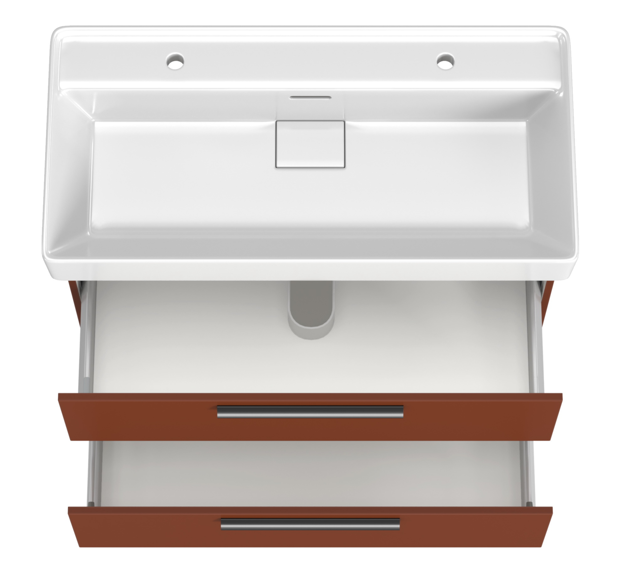 Moderner Waschtisch mit zwei Armaturenlöchern und offenen Schubladen, Ansicht von oben