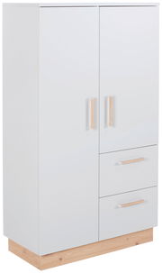 Moderner weißer Beistellschrank mit zwei Türen und zwei Schubladen, Holzgriffe und Holzsockel, Frontalansicht