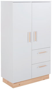 Moderner weißer Beistellschrank mit zwei Türen und zwei Schubladen, Holzgriffe und Holzsockel, Frontalansicht