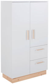 Moderner weißer Beistellschrank mit zwei Türen und zwei Schubladen, Holzgriffe und Holzsockel, Frontalansicht