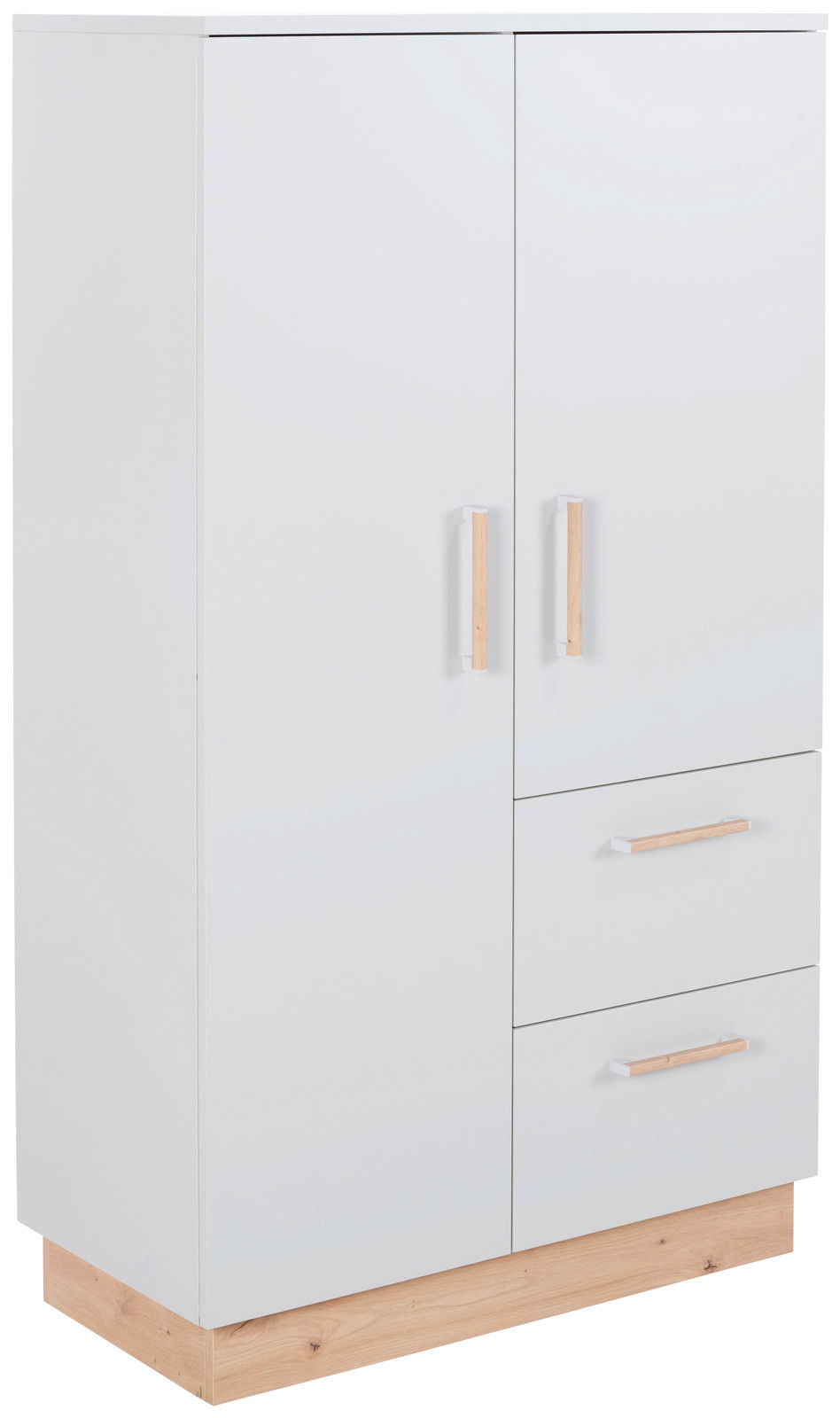 Moderner weißer Beistellschrank mit zwei Türen und zwei Schubladen, Holzgriffe und Holzsockel, Frontalansicht