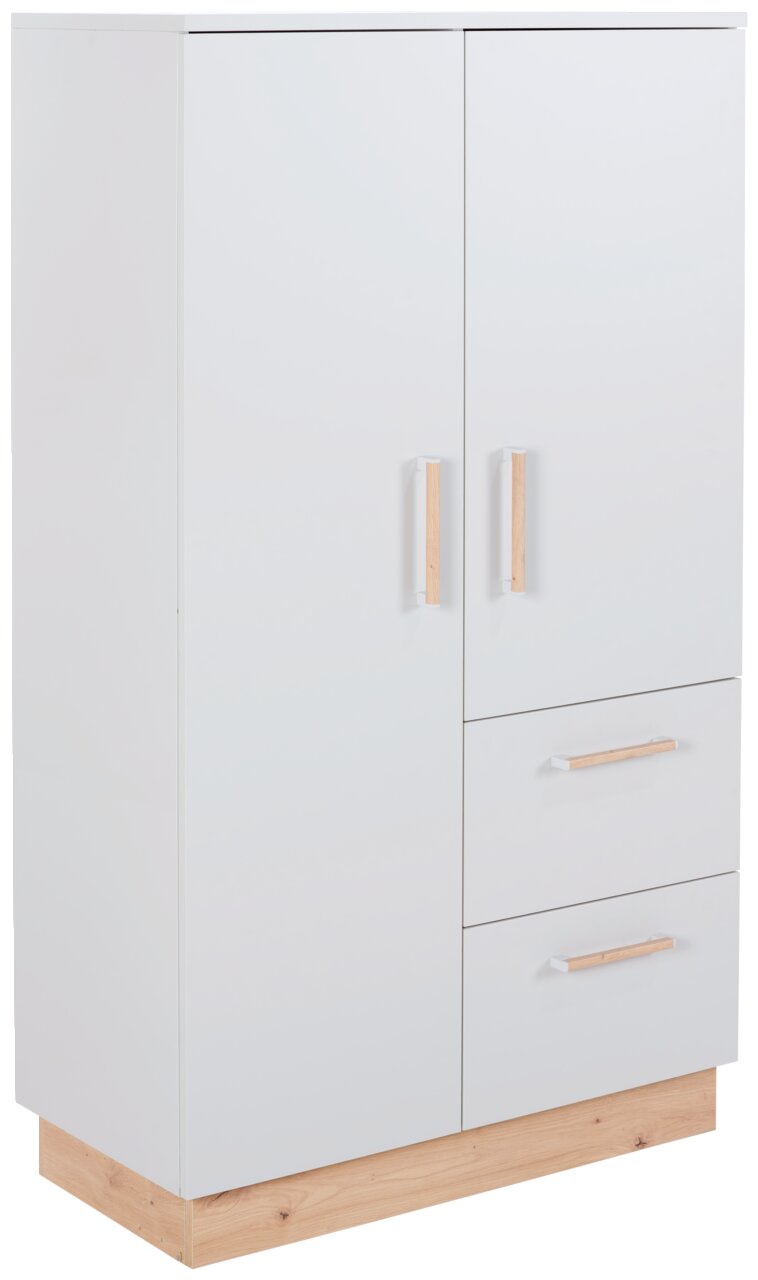 Moderner weißer Beistellschrank mit zwei Türen und zwei Schubladen, Holzgriffe und Holzsockel, Frontalansicht