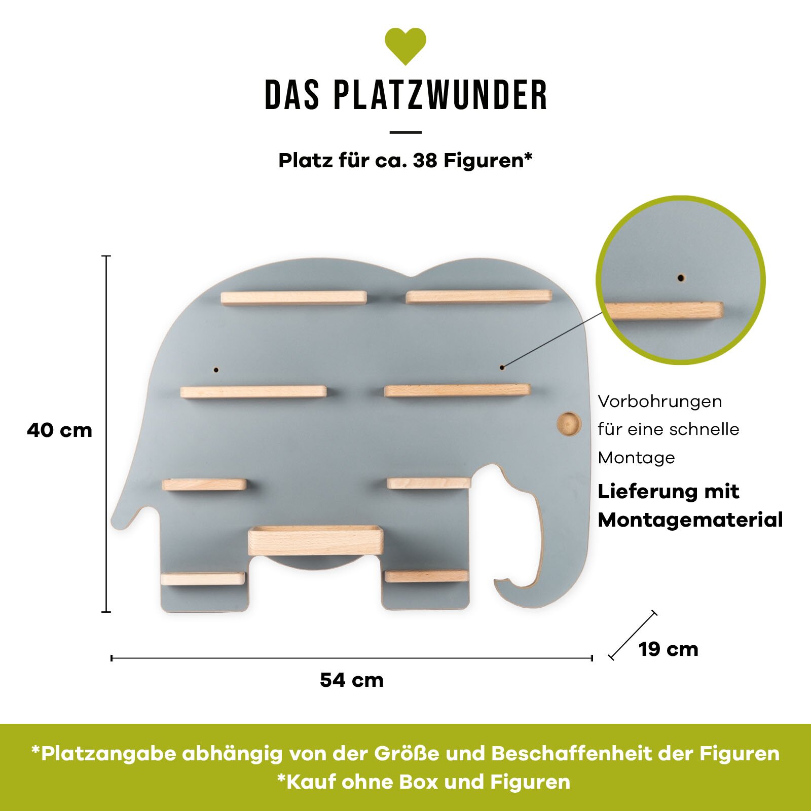 Wandregal in Elefantenform („Das Platzwunder“) in Grau mit mehreren hellen Holzleisten, ca. 54 x 40 x 19 cm, mit Vorbohrungen und Montagematerial, Frontansicht.