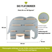 Wandregal in Elefantenform („Das Platzwunder“) in Grau mit mehreren hellen Holzleisten, ca. 54 x 40 x 19 cm, mit Vorbohrungen und Montagematerial, Frontansicht.