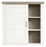 Hängeelement mit einer Tür links und zwei offenen Regalfächern rechts, in Holzoptik, Frontalansicht