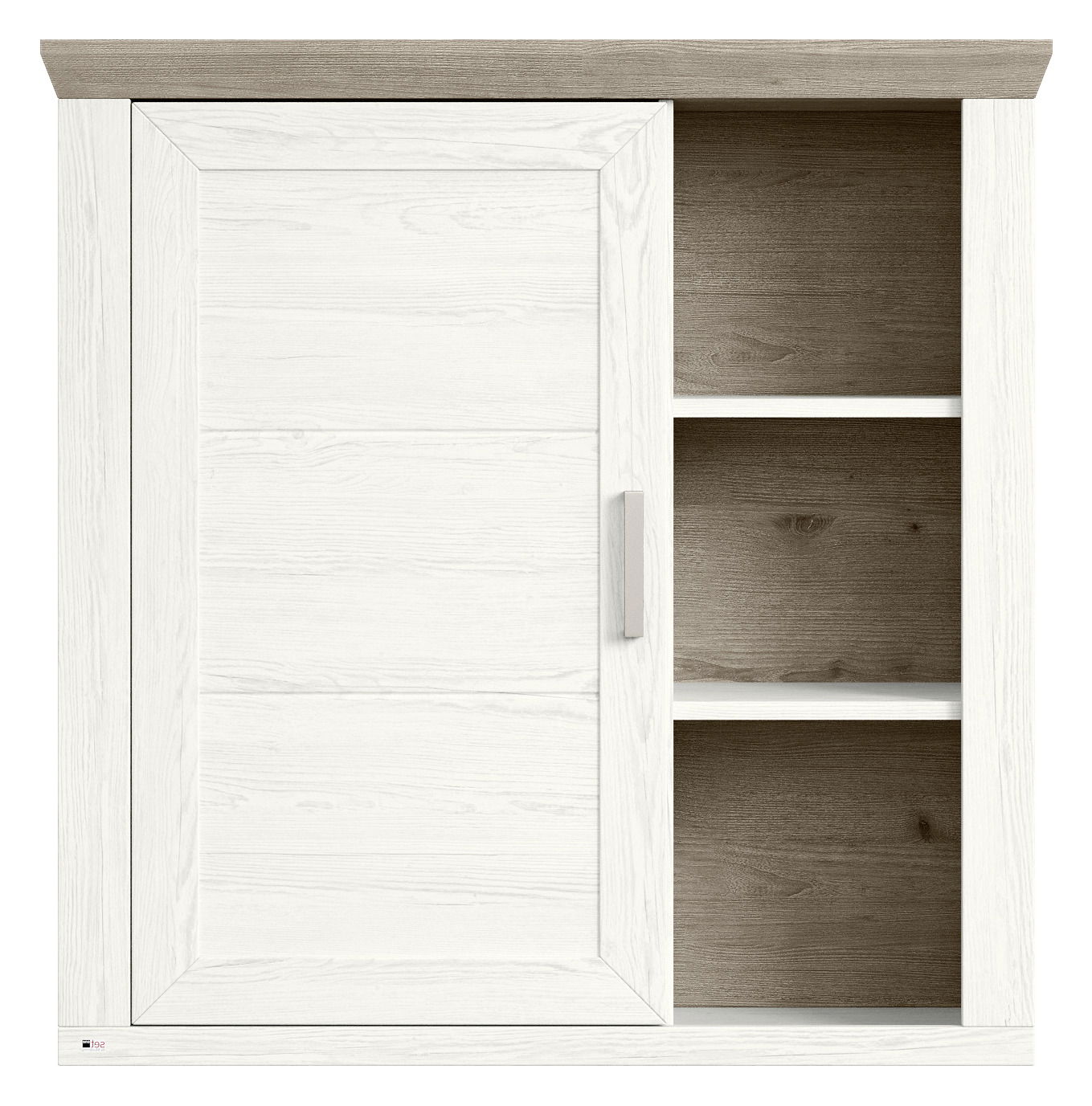 Hängeelement mit einer Tür links und zwei offenen Regalfächern rechts, in Holzoptik, Frontalansicht