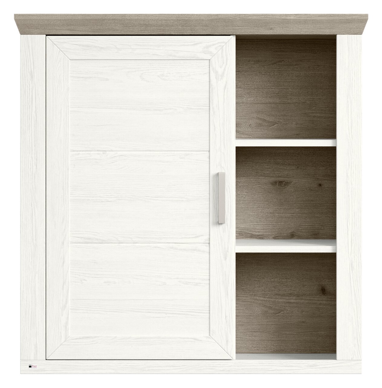 Hängeelement mit einer Tür links und zwei offenen Regalfächern rechts, in Holzoptik, Frontalansicht