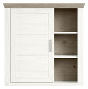 Hängeelement mit einer Tür links und zwei offenen Regalfächern rechts, in Holzoptik, Frontalansicht