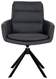 Moderner schwarzer Sessel mit gepolstertem Sitz und Rückenlehne, auf einem stabilen Metallgestell, Frontalansicht.