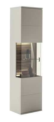 Moderne Vitrine in hellem Design mit Glastür und Holzrückwand, seitliche Perspektive