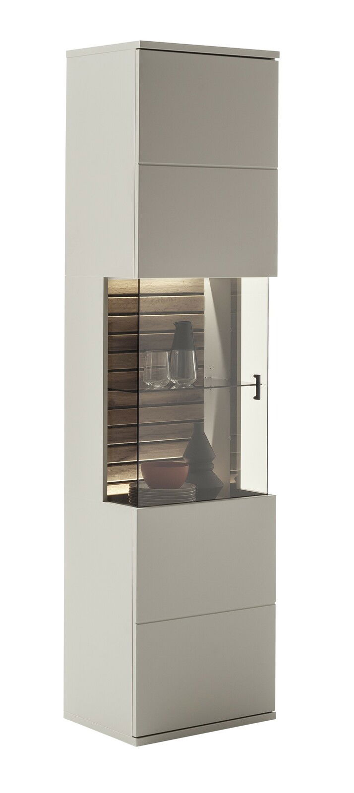 Moderne Vitrine in hellem Design mit Glastür und Holzrückwand, seitliche Perspektive