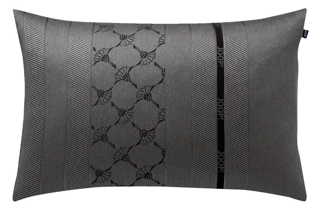 JOOP! J!Blend Kissenhülle JOOP!EX Graue Zierkissenhülle mit elegantem Streifen- und Blumenmuster, Markenlogo JOOP! sichtbar, Vorderansicht