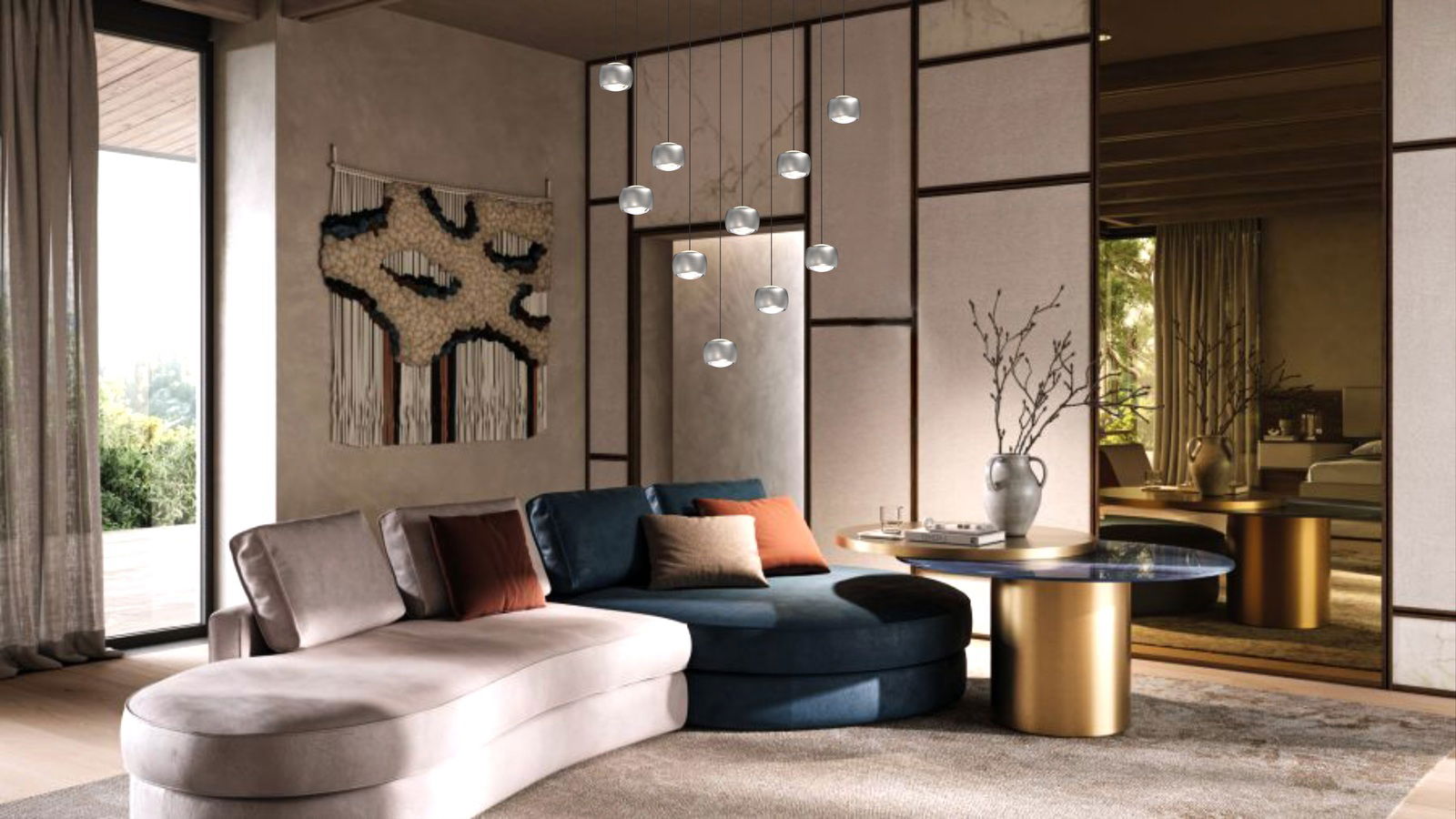 Moderne LED-Pendelleuchte mit mehreren kugelförmigen Lampen, hängend in einem stilvollen Wohnzimmer mit eleganter Einrichtung, seitliche Perspektive.