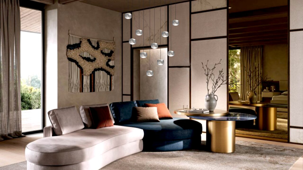 Moderne LED-Pendelleuchte mit mehreren kugelförmigen Lampen, hängend in einem stilvollen Wohnzimmer mit eleganter Einrichtung, seitliche Perspektive.