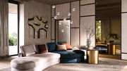 Moderne LED-Pendelleuchte mit mehreren kugelförmigen Lampen, hängend in einem stilvollen Wohnzimmer mit eleganter Einrichtung, seitliche Perspektive.