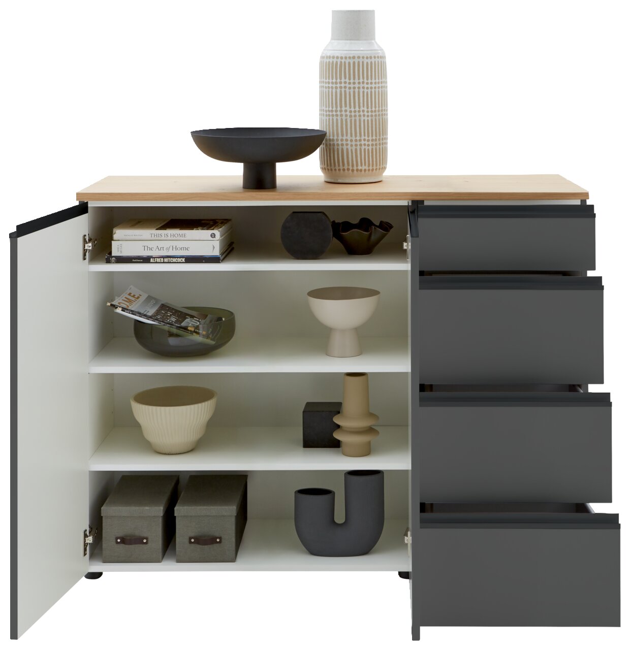 Vorderansicht einer modernen Kombi-Kommode mit offenen Schubladen und Türen, dekoriert mit Vasen, Schalen und Büchern.