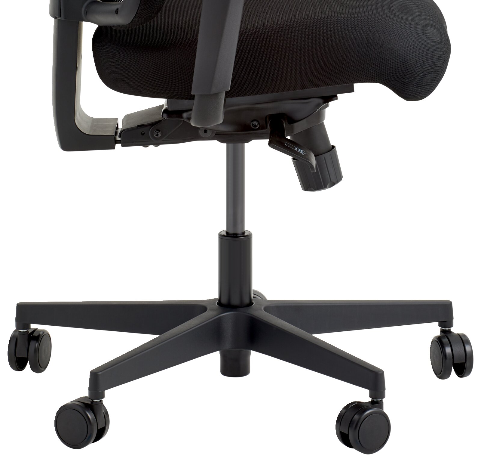 Seitliche Ansicht eines schwarzen Drehstuhls mit Rollen und verstellbarer Sitzhöhe.