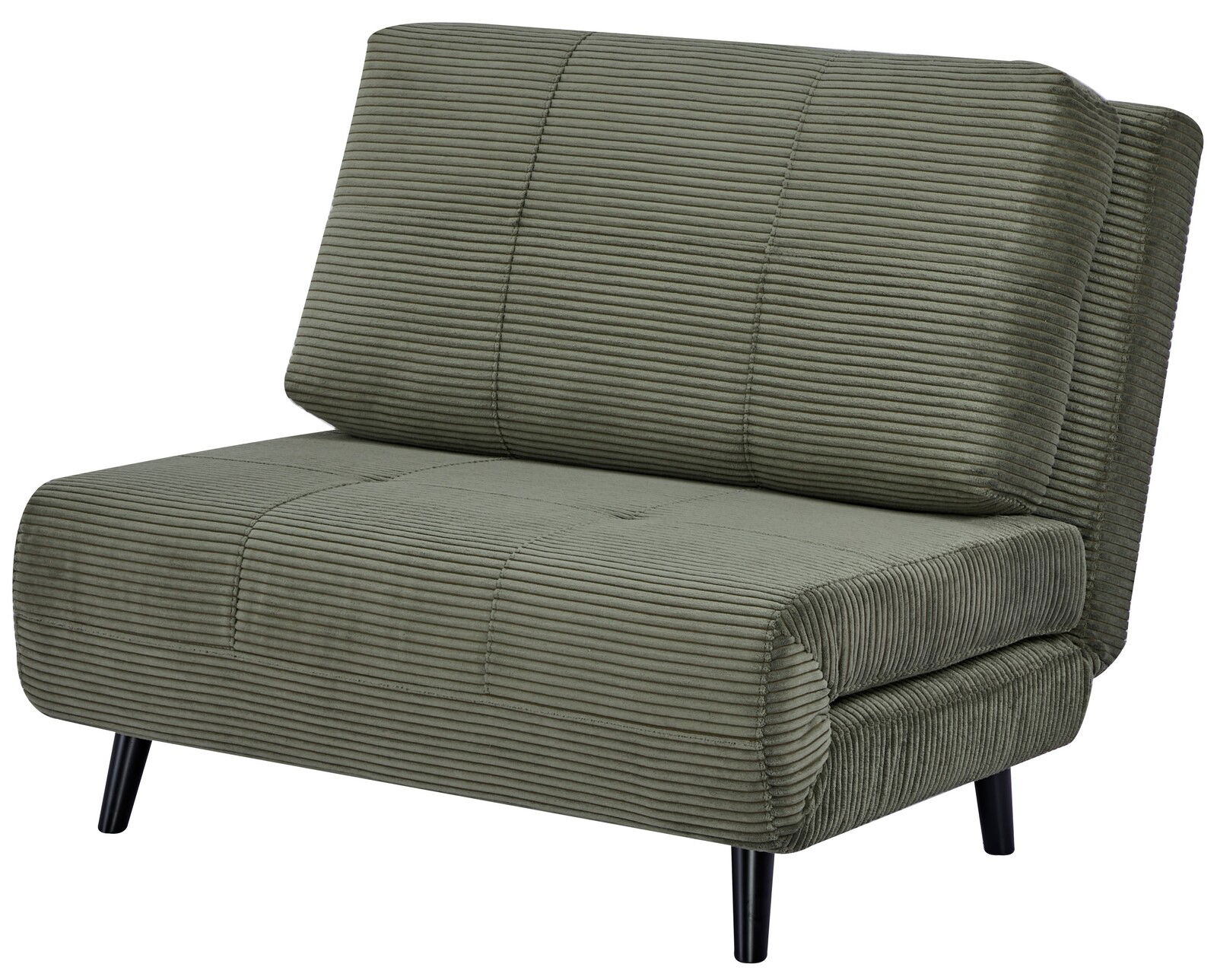 Grüner Funktionssessel mit geripptem Stoffbezug, seitliche Perspektive