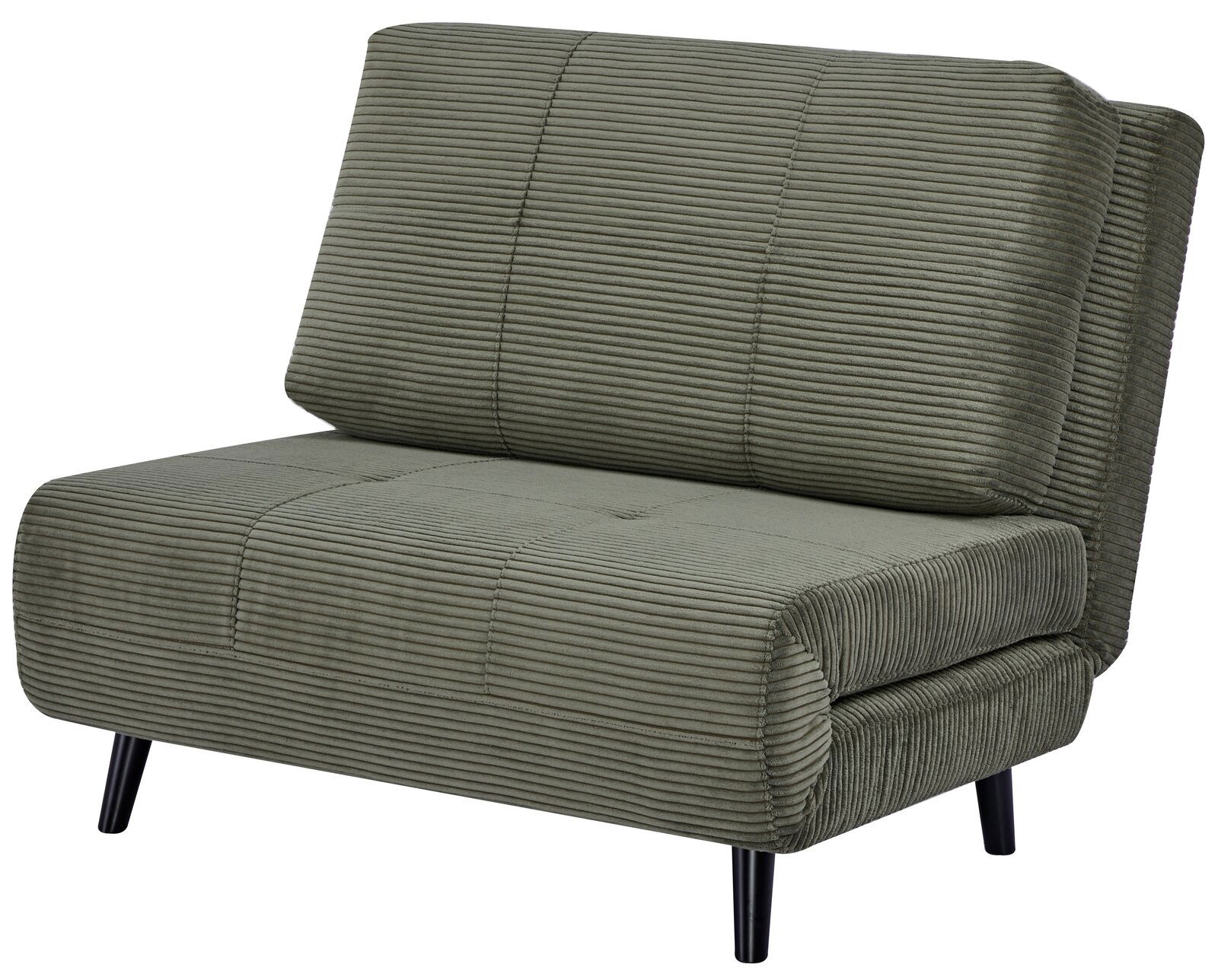 Grüner Funktionssessel mit geripptem Stoffbezug, seitliche Perspektive