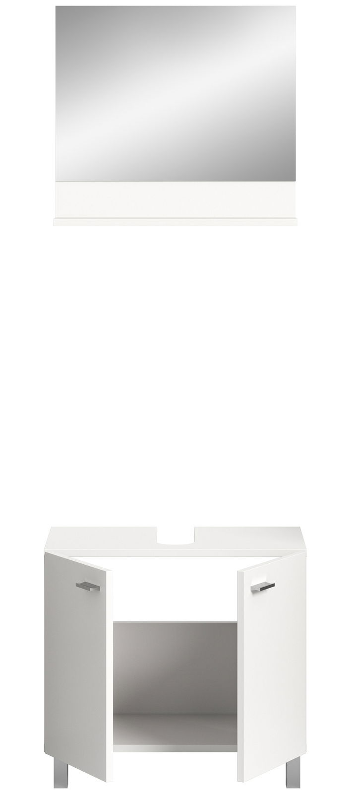 Weißer Waschbeckenunterschrank mit zwei geöffneten Türen, frontal betrachtet.