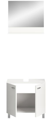 Weißer Waschbeckenunterschrank mit zwei geöffneten Türen, frontal betrachtet.