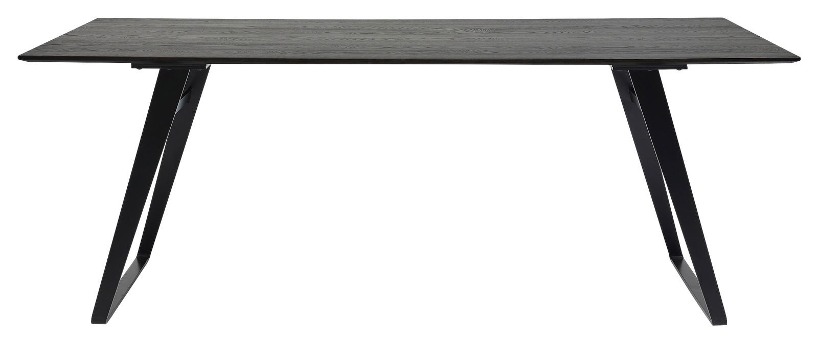 Moderner Esstisch mit schwarzer Tischplatte und schrägen Metallbeinen, Seitenansicht