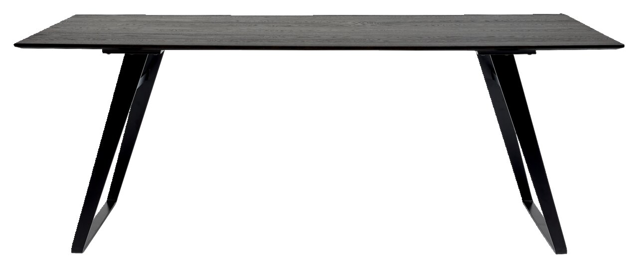 Moderner Esstisch mit schwarzer Tischplatte und schrägen Metallbeinen, Seitenansicht