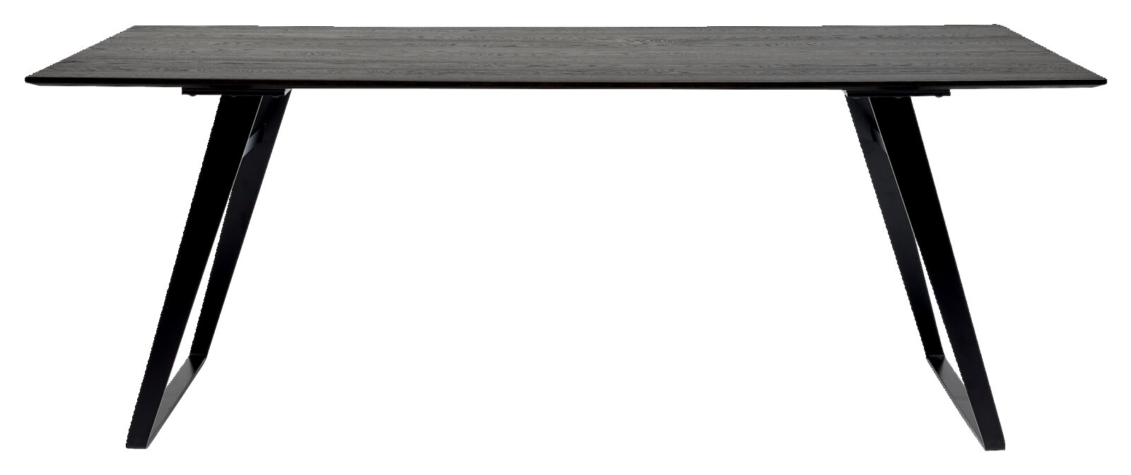 Moderner Esstisch mit schwarzer Tischplatte und schrägen Metallbeinen, Seitenansicht