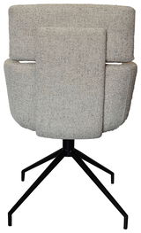 Rückansicht eines modernen Armlehnstuhls mit grauem Stoffbezug und schwarzem Metallgestell.