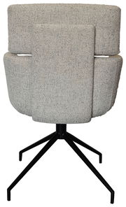 Rückansicht eines modernen Armlehnstuhls mit grauem Stoffbezug und schwarzem Metallgestell.