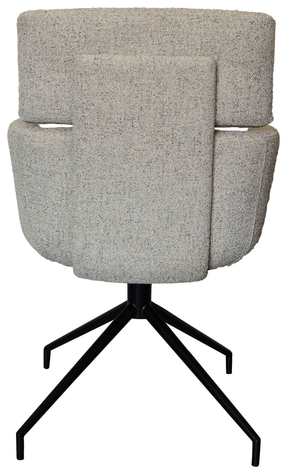 Rückansicht eines modernen Armlehnstuhls mit grauem Stoffbezug und schwarzem Metallgestell.