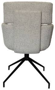 Rückansicht eines modernen Armlehnstuhls mit grauem Stoffbezug und schwarzem Metallgestell.