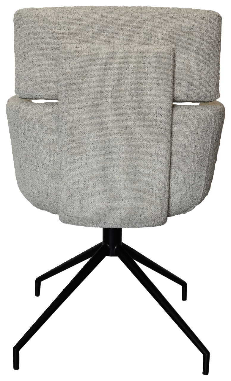 Rückansicht eines modernen Armlehnstuhls mit grauem Stoffbezug und schwarzem Metallgestell.