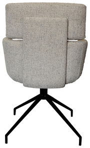 Rückansicht eines modernen Armlehnstuhls mit grauem Stoffbezug und schwarzem Metallgestell.