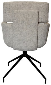 Rückansicht eines modernen Armlehnstuhls mit grauem Stoffbezug und schwarzem Metallgestell.