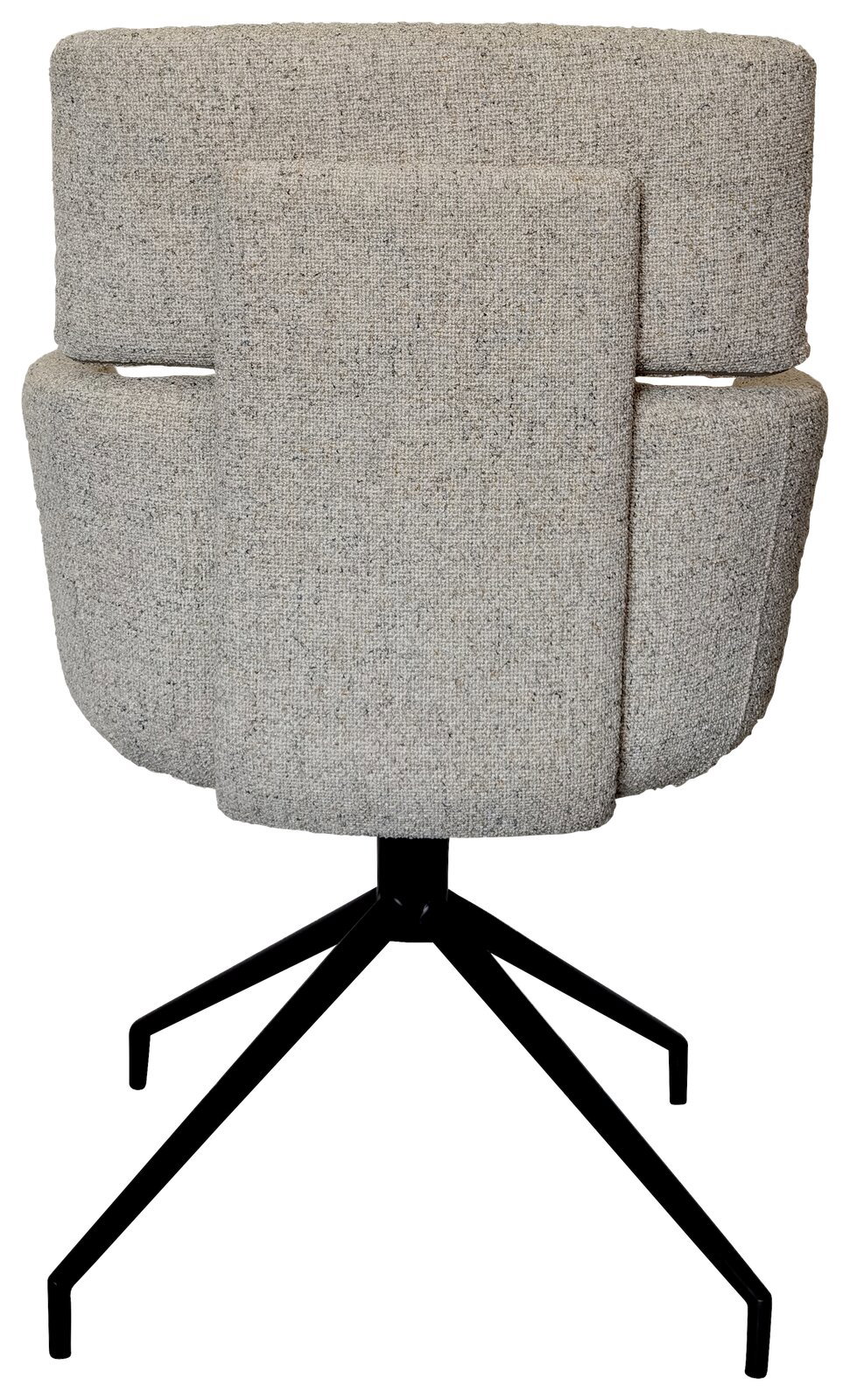 Rückansicht eines modernen Armlehnstuhls mit grauem Stoffbezug und schwarzem Metallgestell.