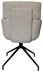 Rückansicht eines modernen Armlehnstuhls mit grauem Stoffbezug und schwarzem Metallgestell.