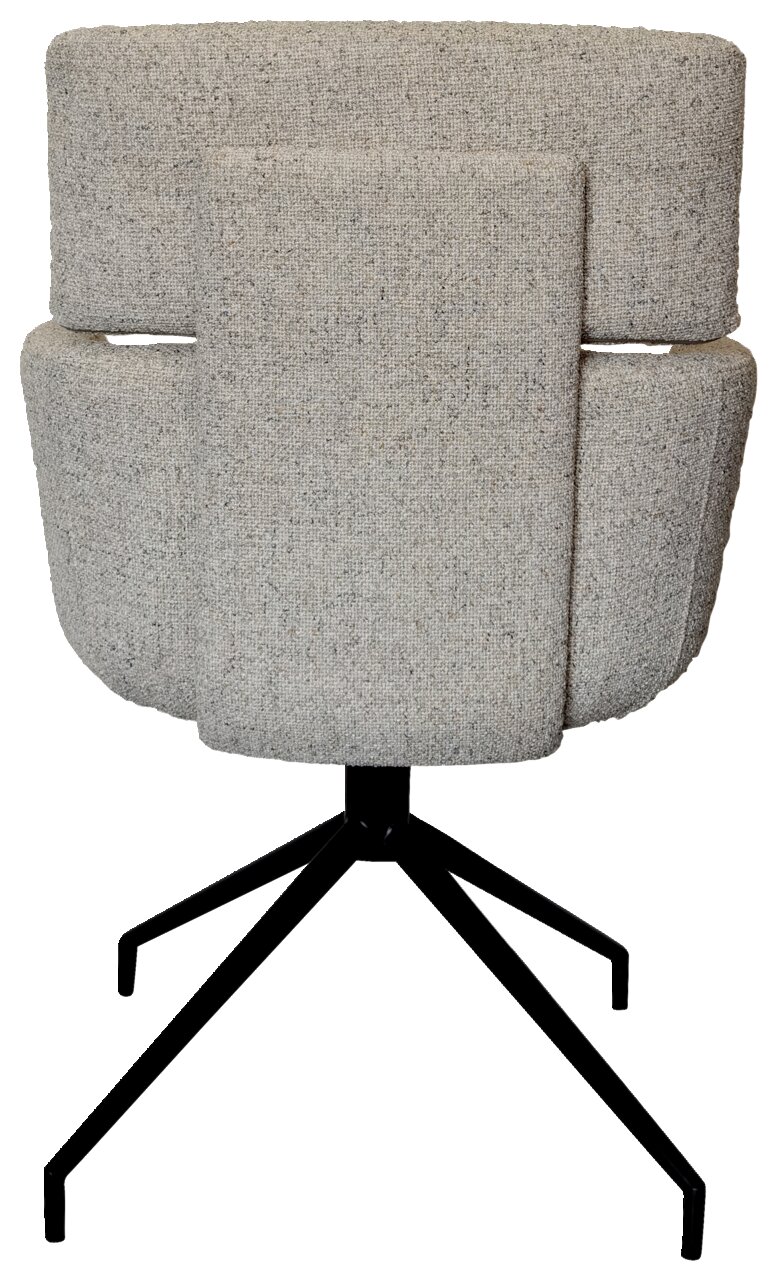 Rückansicht eines modernen Armlehnstuhls mit grauem Stoffbezug und schwarzem Metallgestell.