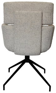 Rückansicht eines modernen Armlehnstuhls mit grauem Stoffbezug und schwarzem Metallgestell.