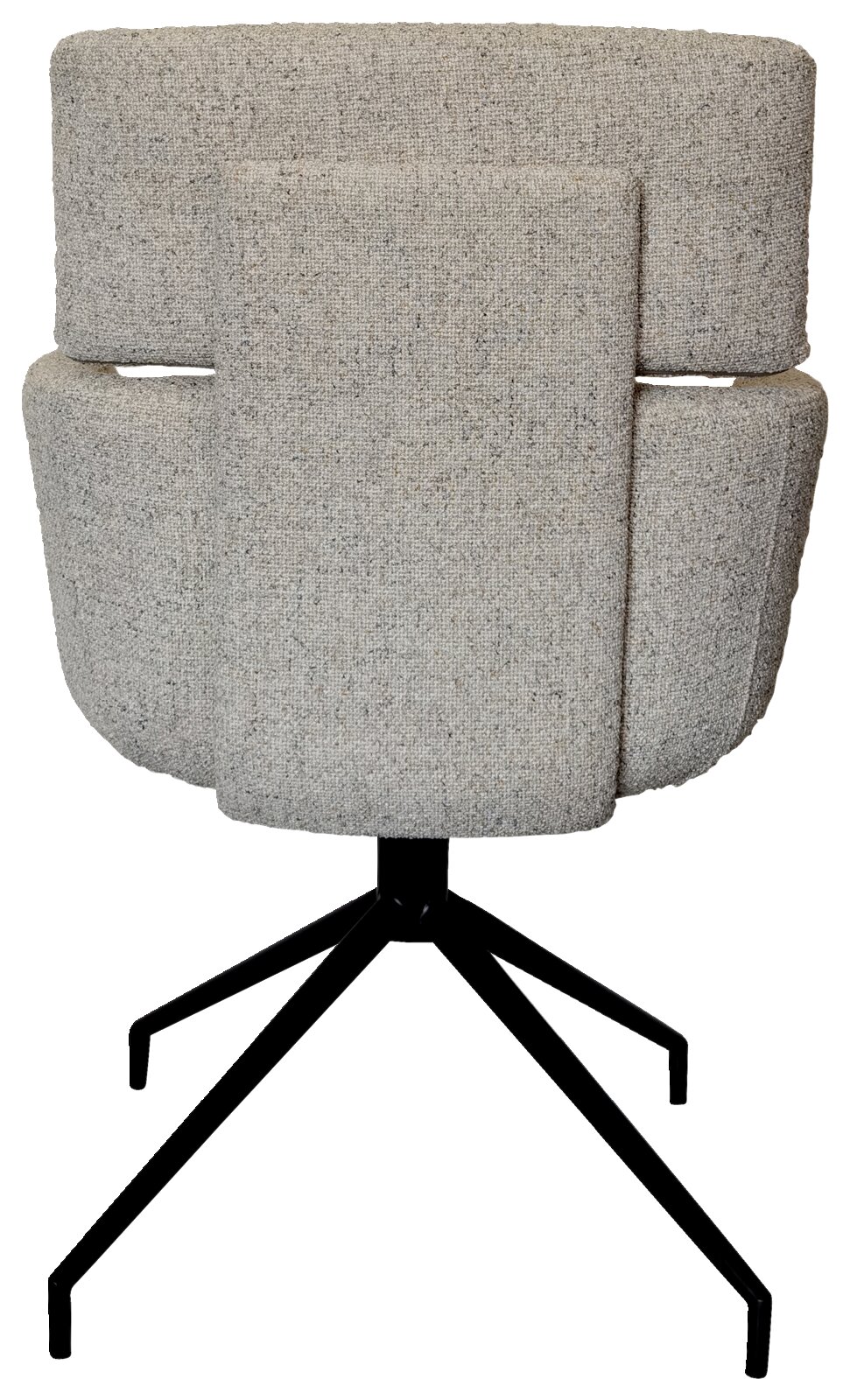 Rückansicht eines modernen Armlehnstuhls mit grauem Stoffbezug und schwarzem Metallgestell.