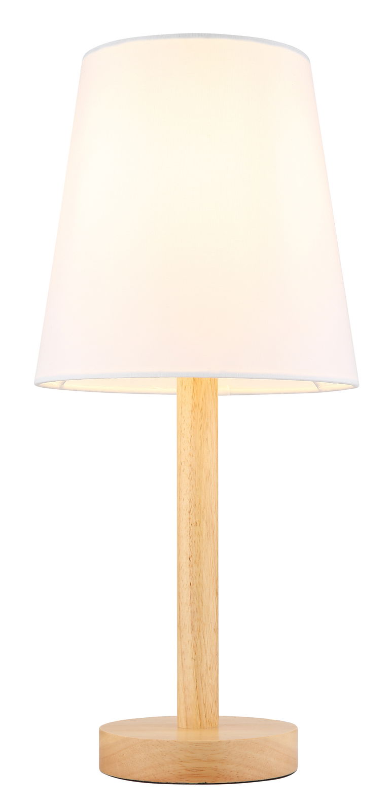 Moderne Tischleuchte mit weißem Lampenschirm und Holzfuß, frontal abgebildet.