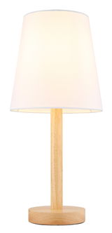 Moderne Tischleuchte mit weißem Lampenschirm und Holzfuß, frontal abgebildet.