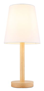 Moderne Tischleuchte mit weißem Lampenschirm und Holzfuß, frontal abgebildet.