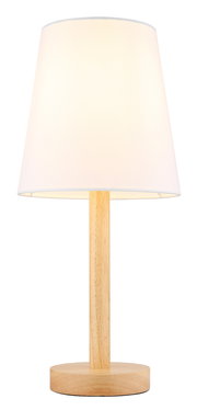 Moderne Tischleuchte mit weißem Lampenschirm und Holzfuß, frontal abgebildet.