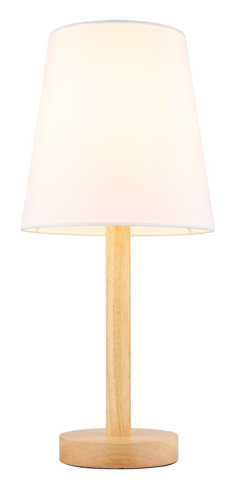 Moderne Tischleuchte mit weißem Lampenschirm und Holzfuß, frontal abgebildet.