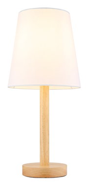 Moderne Tischleuchte mit weißem Lampenschirm und Holzfuß, frontal abgebildet.