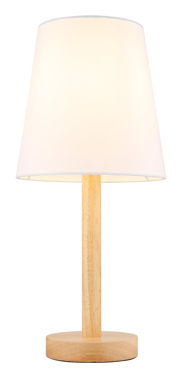 Moderne Tischleuchte mit weißem Lampenschirm und Holzfuß, frontal abgebildet.