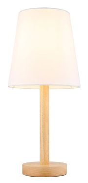 Moderne Tischleuchte mit weißem Lampenschirm und Holzfuß, frontal abgebildet.