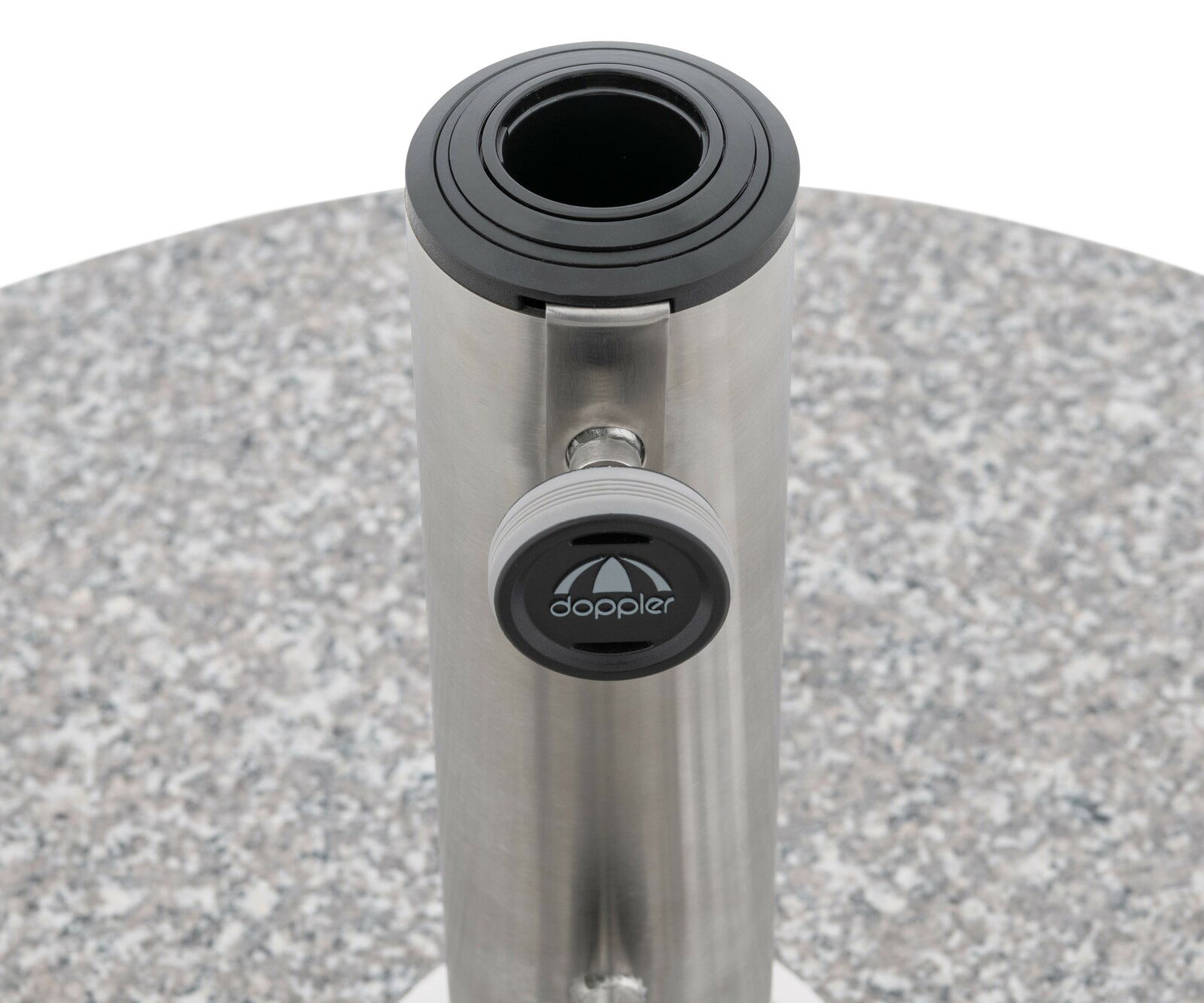 Granit-Sonnenschirmständer mit Edelstahlrohr und Klickverschluss, Ansicht von oben