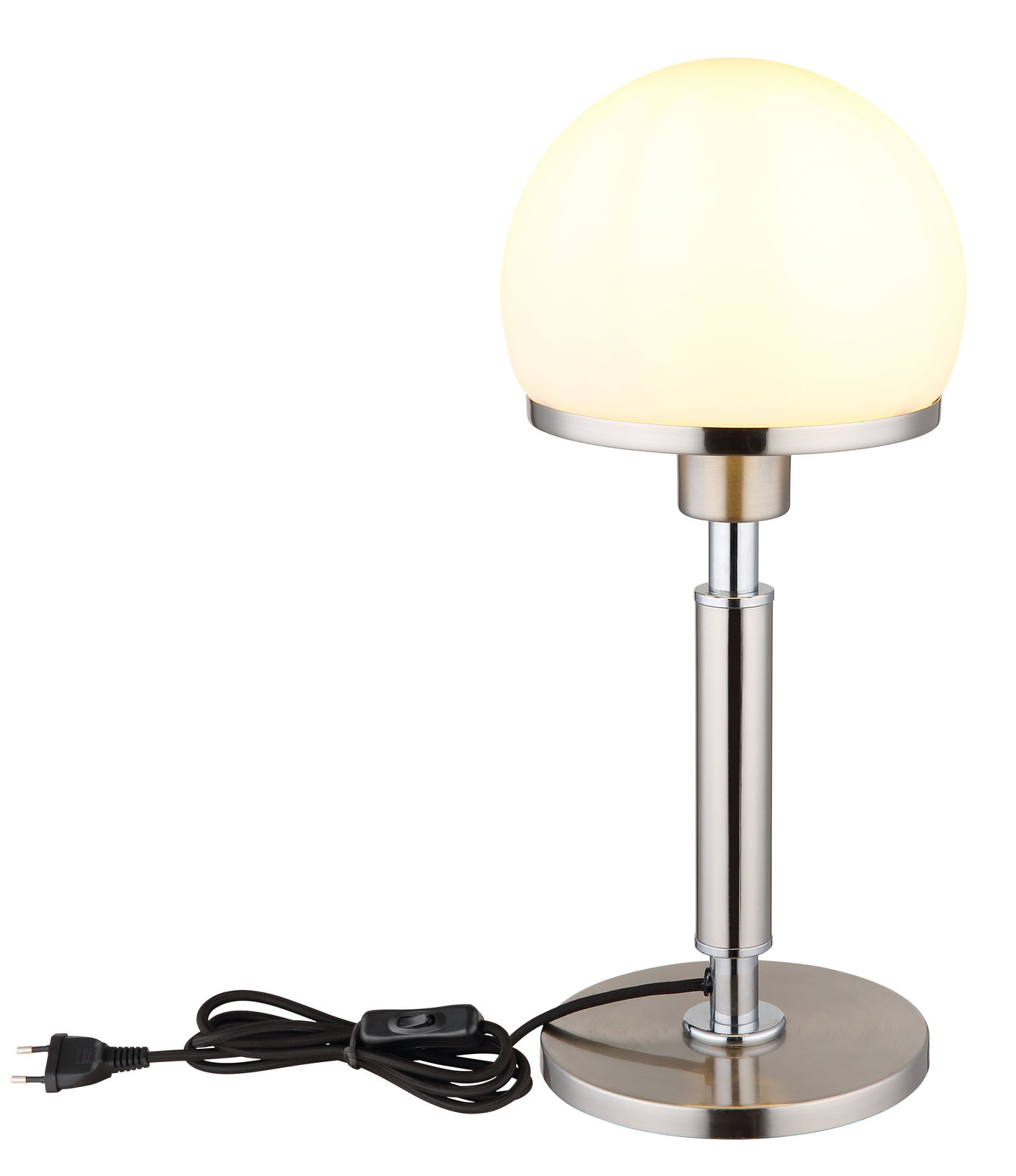 Moderne Tischleuchte HAKU mit rundem, leuchtendem Schirm und silbernem Standfuß, seitliche Perspektive